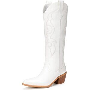 Women White Polyurethane Classic Embroidery Side Zipper Knee High Western Boots